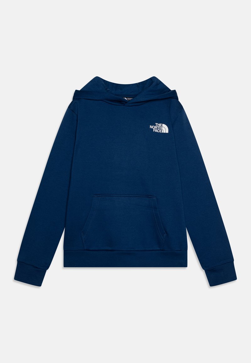 Temno modra bombažna kapuca s sprednjim žepom, rebrastimi manšetami in vezenim belim logotipom na levem prsnem delu. Vsebuje podloženo kapuco.