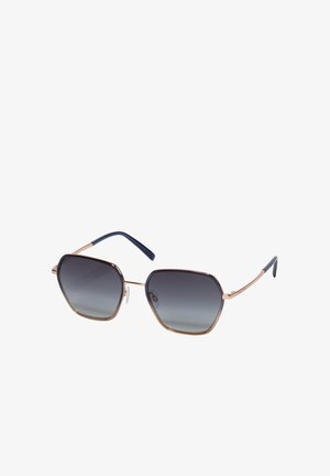 Zeshoekige zonnebril met donker verloop en tint, dun frame van roségoudmetaal en zwarte uiteinden aan de pootjes.