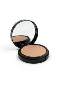 Cofanetto compatto nero in polvere con specchio; presenta una polvere compatta beige liscia all'interno. Forma circolare con elementi di design eleganti.
