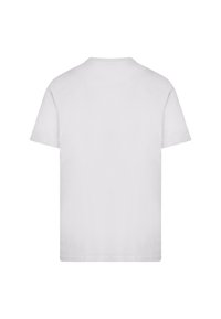 White cotton T-shirt, short sleeves, crew neck, smooth texture, and a simple design without any graphics or embellishments.