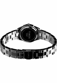 Zilveren roestvrijstalen horloge met een op zonne-energie werkend zwart wijzerplaat, gepolijste schakelband en opvouwsluiting. Beschikt over waterbestendigheid tot 30 meter.