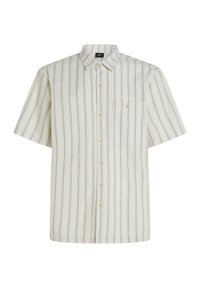 Short-sleeve button-up shirt in light cream fabric with vertical blue stripes. Features a chest pocket and rounded hem. Buttons in a standard finish.