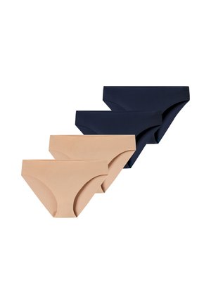 Cztery bezszwowe majtki bikini w granatowym i beżowym kolorze, ułożone diagonalnie na białym tle.