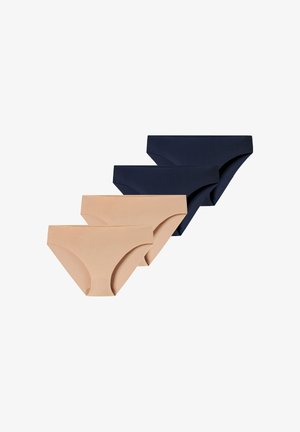 Quatre culottes bikini sans couture bleu marine et beige, disposées en diagonale sur un fond blanc.