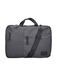 Grau farbener Laptop-Rucksack aus Stoff mit zwei Reißverschlussvorderfächern, schwarzem verstellbarem Schultergurt und Tragegriffen.