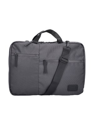 Grijze stoffen laptoptas met twee ritsvakken aan de voorkant, een verstelbare zwarte schouderriem en draaghandvatten.