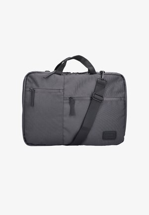 Sac à dos pour ordinateur portable en tissu gris avec deux poches avant zippées, une sangle d'épaule noire ajustable et des poignées de transport.