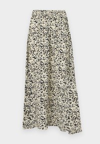 Maxikjole med elastisk midjebånd, laget av lett stoff. Har et abstrakt svart og beige mønster, flytende silhuett og sidelommer.