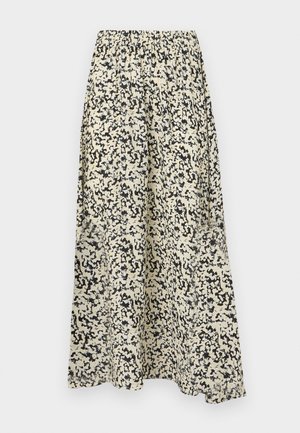 Falda maxi con cinturilla elástica, hecha de una tela ligera. Presenta un patrón abstracto en negro y beige, una silueta fluida y bolsillos laterales.