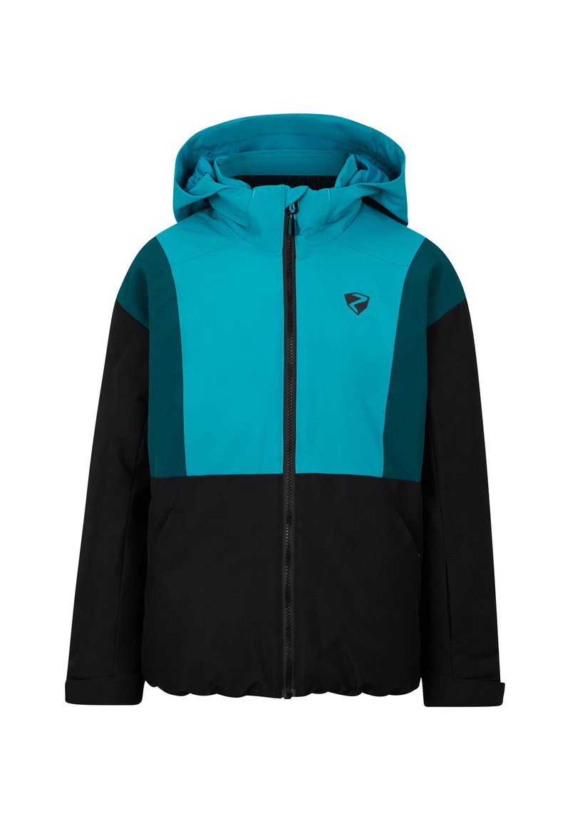 Blau-schwarze Jacke mit einem Reißverschluss, Kapuze und kontrastierenden Farbblöcken. Das Material wirkt glatt und hat ein sportliches Design.