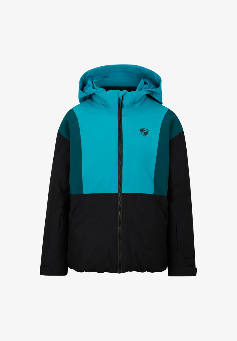 Blau-schwarze Jacke mit einem Reißverschluss, Kapuze und kontrastierenden Farbblöcken. Das Material wirkt glatt und hat ein sportliches Design.