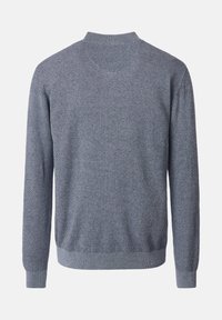 Grå stickad tröja med långa ärmar, ribbad krage, cuffar och nederkant, visad bakifrån mot en enkel vit bakgrund.