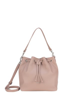 Hellrosa Leder-Bucket-Bag mit Kordelzugverschluss, kurzem Henkel und abnehmbarem langem Schulterriemen.