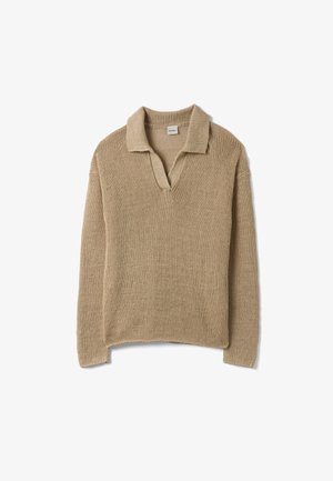Beige knit sweater with long sleeves and a folded collar featuring a deep V-neck opening, laid flat on a white background.