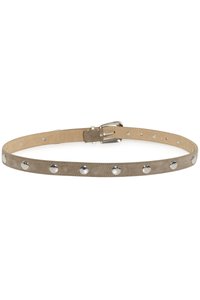 Suede belt in taupe with silver studs along the length, featuring a metal buckle and holes for adjustable sizing. Smooth texture.