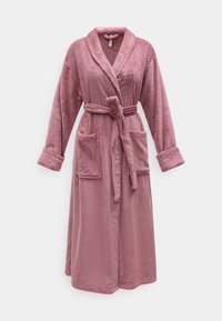 Μακρύ βελούδινο μπουρνούζι σε μωβ απόχρωση με γιακά σαλαδά, δύο μπροστινές τσέπες, μανσέτες στα μανίκια και ζώνη δεμένη στη μέση σε απλό φόντο.