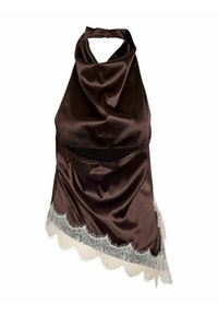 Haut dos nu en satin marron foncé avec encolure drapée et ourlet asymétrique bordé de dentelle blanche.