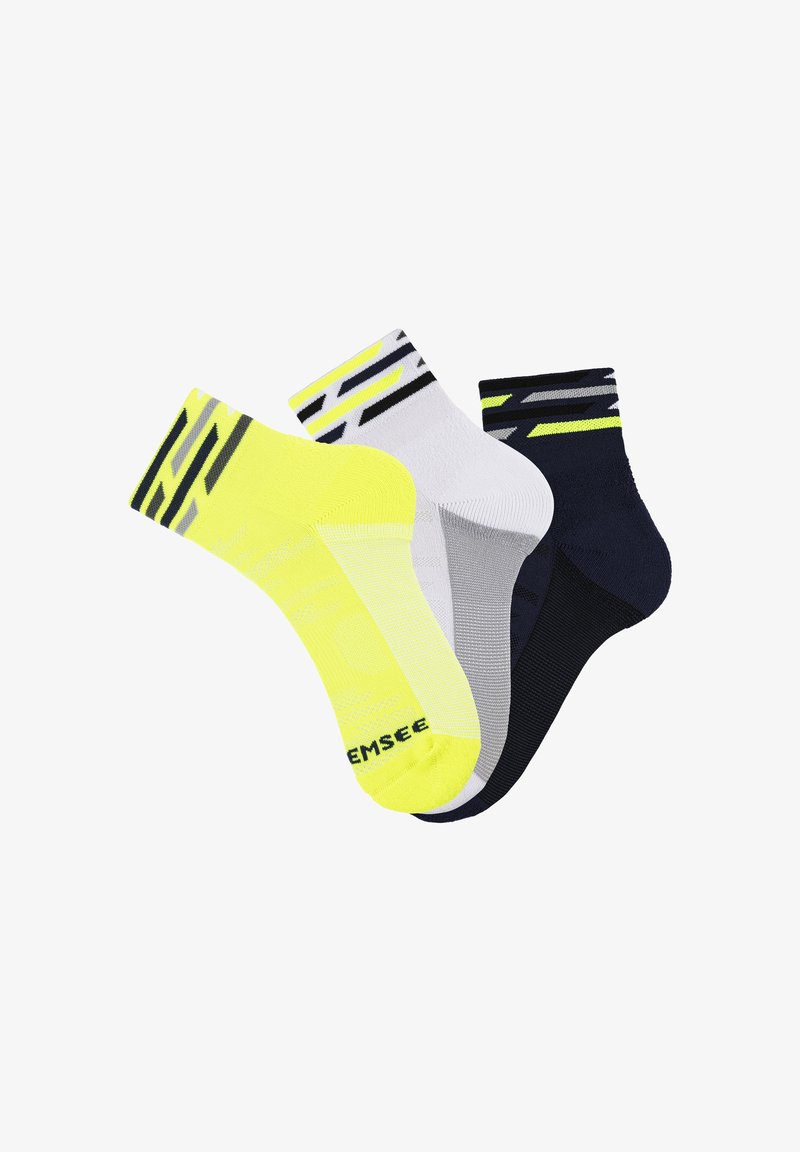Set of three athletic socks. Features yellow, gray, and navy colors with bold pattern accents. Made of breathable material for comfort.