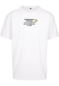 White cotton t-shirt with short sleeves and a crew neck. Front features black text with multicolor accents and a sparkle graphic.