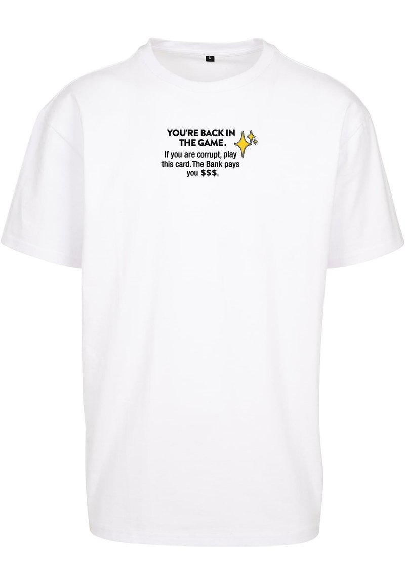 White cotton t-shirt with short sleeves and a crew neck. Front features black text with multicolor accents and a sparkle graphic.