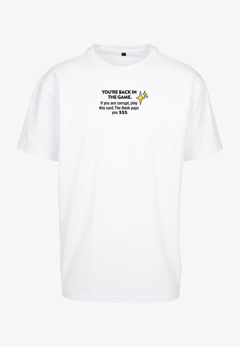 White cotton t-shirt with short sleeves and a crew neck. Front features black text with multicolor accents and a sparkle graphic.