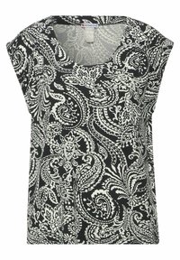 Černobílý top s paisley vzorem, kulatým výstřihem, krátkými rukávy a volným střihem. Vyrobeno z měkké látky s hladkým povrchem.