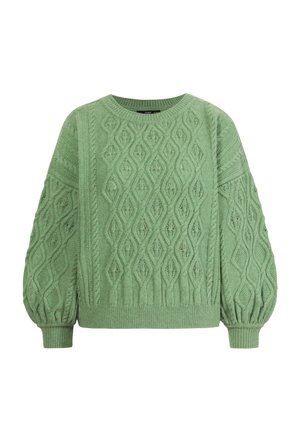 Groene gebreide trui met een textuur van een diamanten patroon, geribbelde manchetten en een ronde halslijn. Gemaakt van een zachte garenmaterialen.