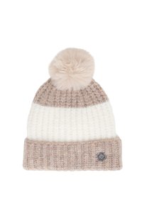 Dzianinowa czapka beanie w beżowym i białym kolorze, z fakturowanym wzorem, prążkowanym mankietem i miękkim pomponem z sztucznego futra na czubku. Srebrne logo na mankiecie.