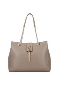 Beige läder tote-väska med kedjehandtag, med en framknäppning, fransdetalj och en kornig textur. Strukturerad form med ett rymligt innermått.