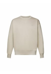 Sweat-shirt beige à col rond avec manches longues, poignets et ourlet côtelés, broderie discrète du logo sur la poitrine gauche.