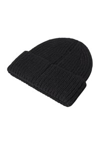 Czarny prążkowany czapka beanie z podwiniętym mankietem. Wykonana z grubwej wełny, charakteryzująca się teksturowaną powierzchnią i zaokrąglonym kształtem na górze.