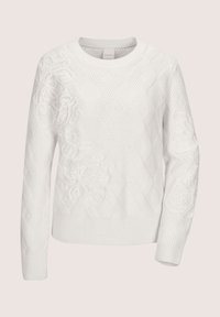 Weißer gestrickter Pullover mit Rautenmuster und erhabener floraler Stickerei an den Ärmeln und der Vorderseite, mit Rundhalsausschnitt und gerippten Bündchen.