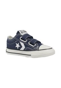 Marine canvas sneaker met klittenbandsluitingen, witte rubberen neus en zwarte streep. Bevat witte ster- en chevronaccenten aan de zijkant.