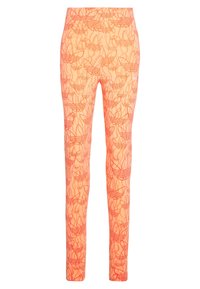 Oranga leggings med ett upprepande blommönster i röd. Tillverkade av elastiskt tyg med en åtsittande design och en midja med medelhög höjd.