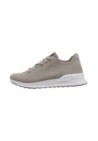 Zapatilla de running de color beige claro, tejida, con un upper texturizado, puntera redonda, entresuela blanca y suela de goma plana. Cuenta con cierre de cordones.