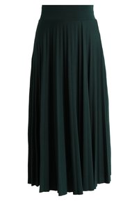 Gonna plissettata verde scuro realizzata in tessuto morbido. Presenta una ampia cintura elastica e scende fino a metà polpaccio.