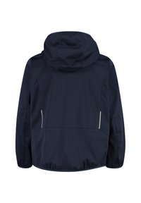Marineblauer Windbreaker mit Kapuze, ausgestattet mit einer glatten Textur, elastischen Bündchen und reflektierenden Akzenten für Sichtbarkeit. Rückansicht dargestellt.