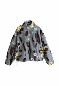Tufted fleece pullover in grey with vibrant floral patterns in yellow, white, burgundy, and green. Features a half-zip, two side pockets, and a stand collar.