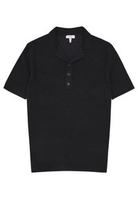 Černé polo tričko s krátkým rukávem vyrobené z strukturované látky, se dvěma knoflíky na límci a designem šálového límce.