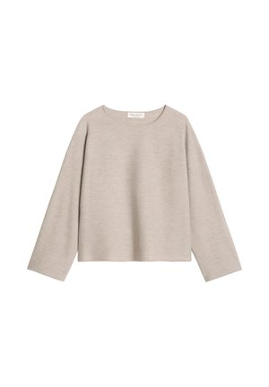 Helles beiges Langarmshirt aus weichem Stoff, mit rundem Halsausschnitt und lockerer Passform, glatter Textur und ohne sichtbare Muster.