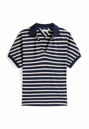 Mørkeblå og creme-striped polo skjorte med V-udskæring og korte ærmer. Har en solid mørkeblå krave og et lille logo på ærmet.