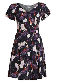 Abito floreale con maniche corte, base nera e stampa di fiori multicolori. Presenta un décolleté a V e dettagli con bottoni lungo la parte anteriore.