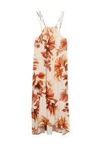 Robe maxi florale en crème avec des motifs tropicaux orange. Elle présente des bretelles fines et un ourlet évasé avec des volants en bas.