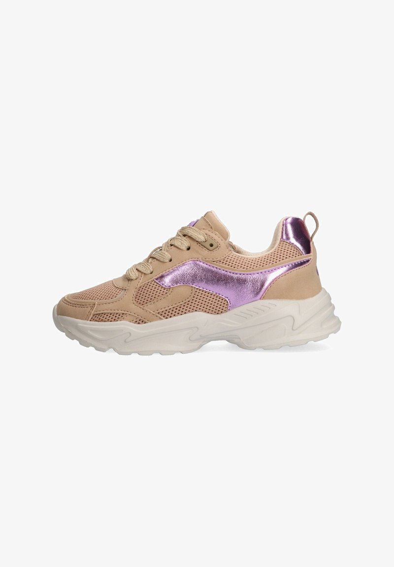 Beige athletic sneakers with mesh and suede upper, metallic purple accents, round toe, and thick white rubber sole.