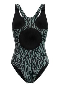 Zwarte badpak met teal zebra-strepen, voorzien van een ronde uitsnede aan de achterkant en brede schouderbanden voor ondersteuning. Gladde textuur.