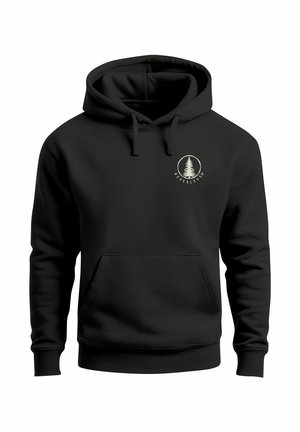 Schwarzer Hoodie aus weichem Stoff mit einer vorderen Kängurutasche, gerippten Bündchen und einem runden Logo mit Baumdesign auf der Brust.