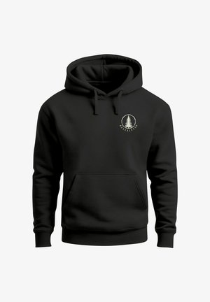 Black hoodie made of soft fabric, featuring a front kangaroo pocket, ribbed cuffs, and a circular logo with a tree design on the chest.