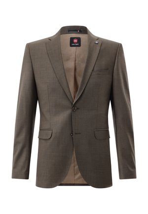 Brauner taillierter Blazer mit einem einzigen Knopfverschluss, linker Brusttasche und zwei vorderen Taschen; verfügt über ein glattes Innenfutter.