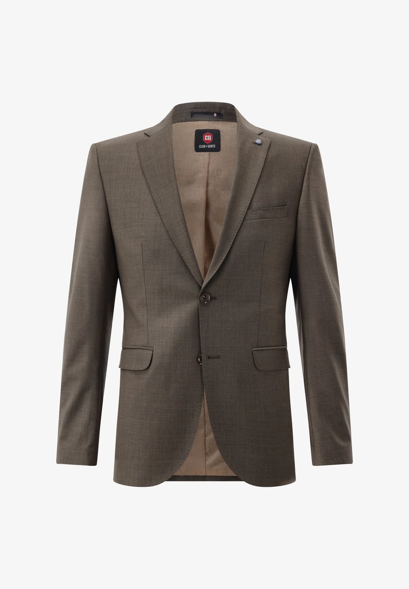 Brauner taillierter Blazer mit einem einzigen Knopfverschluss, linker Brusttasche und zwei vorderen Taschen; verfügt über ein glattes Innenfutter.