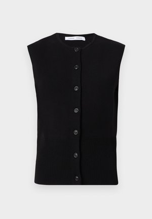 Μαύρο πλεκτό γιλέκο χωρίς μανίκια με στρογγυλή λαιμόκοψη και έξι κουμπιά στο εμπρόσθιο μέρος, με ριμπ υφή στο κάτω μέρος.